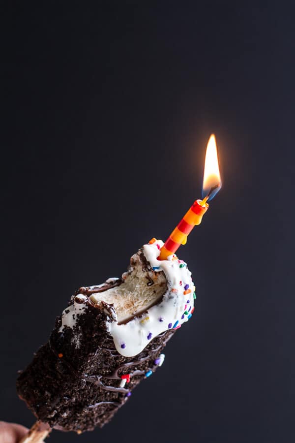 5-Ingredient Caramel Double Chocolate Birthday Ice Cream Cake Bars on a Stick | halfbakedharvest.com