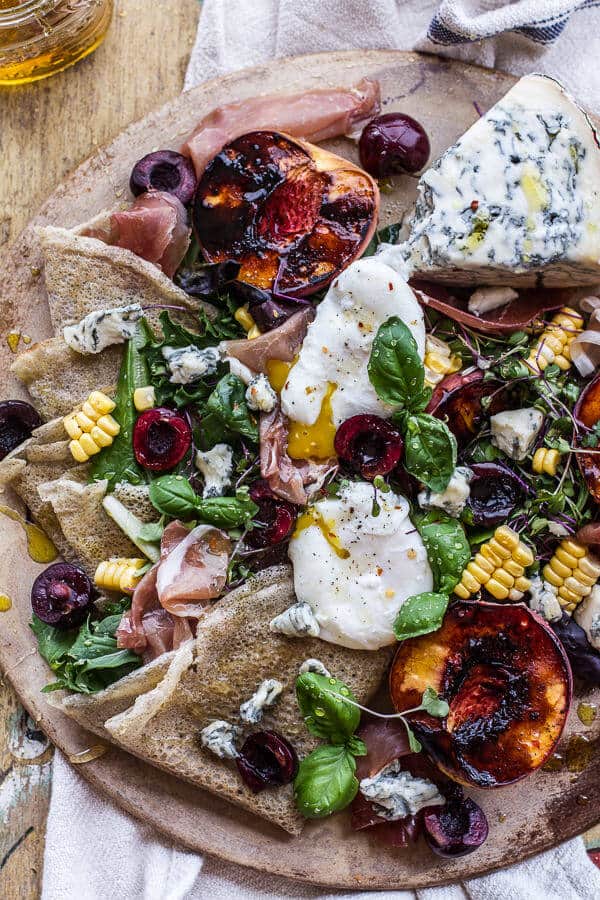 Caramelized Peach + Cherry, Prosciutto and Gorgonzola Salad w/Buckwheat Crêpes | halfbakedharvest.com