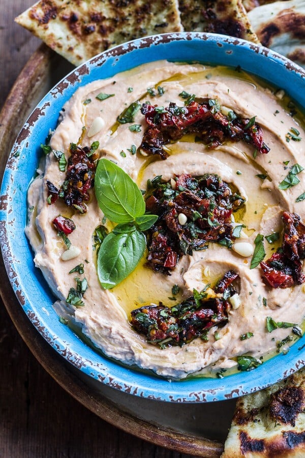Cheesy Margarita Pizza Hummus with Grilled Pesto Pizza Bread | halfbakedharvest.com