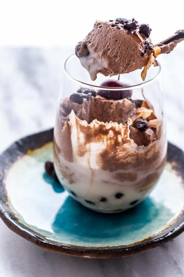 Chocolate Tahini Mocha Mousse w-Coconut Bubble Milk + Chocolate Expresso Beans | halfbakedharvest.com