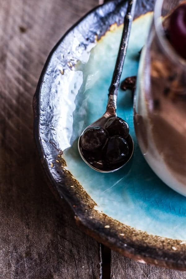 Chocolate Tahini Mocha Mousse w-Coconut Bubble Milk + Chocolate Expresso Beans | halfbakedharvest.com