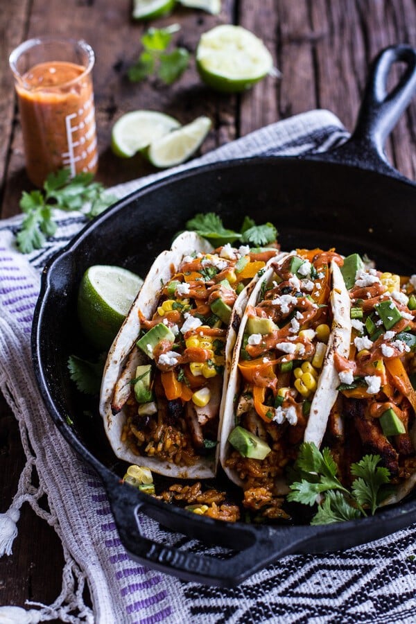 Easy Chicken Fajitas with Cheesy Enchilada Rice + Spicy Tex-Mex Special Sauce | halfbakedharvest.com