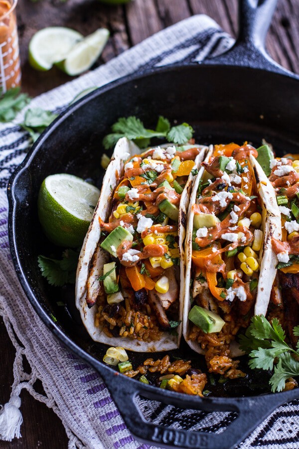 Easy Chicken Fajitas with Cheesy Enchilada Rice + Spicy Tex-Mex Special Sauce | halfbakedharvest.com