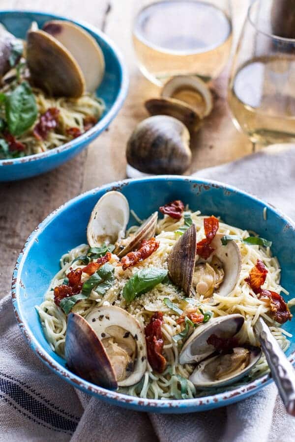 Fresh Clam Pasta with Creamy White Basil Sauce + Crispy Prosciutto | halfbakedharvest.com