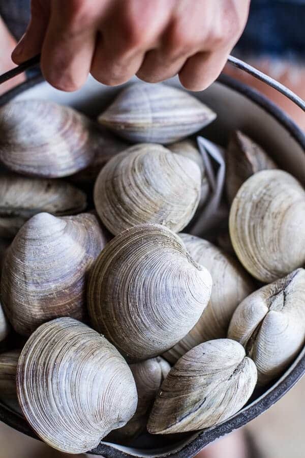 Fresh Clam Pasta with Creamy White Basil Sauce + Crispy Prosciutto | halfbakedharvest.com