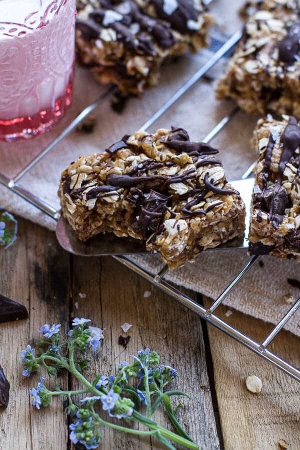 Healthy No-Bake Salted Dark Chocolate Chunk Oatmeal Cookie Bars | halfbakedharvest.com