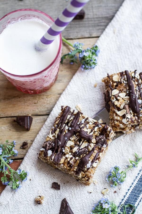 Healthy No-Bake Salted Dark Chocolate Chunk Oatmeal Cookie Bars | halfbakedharvest.com