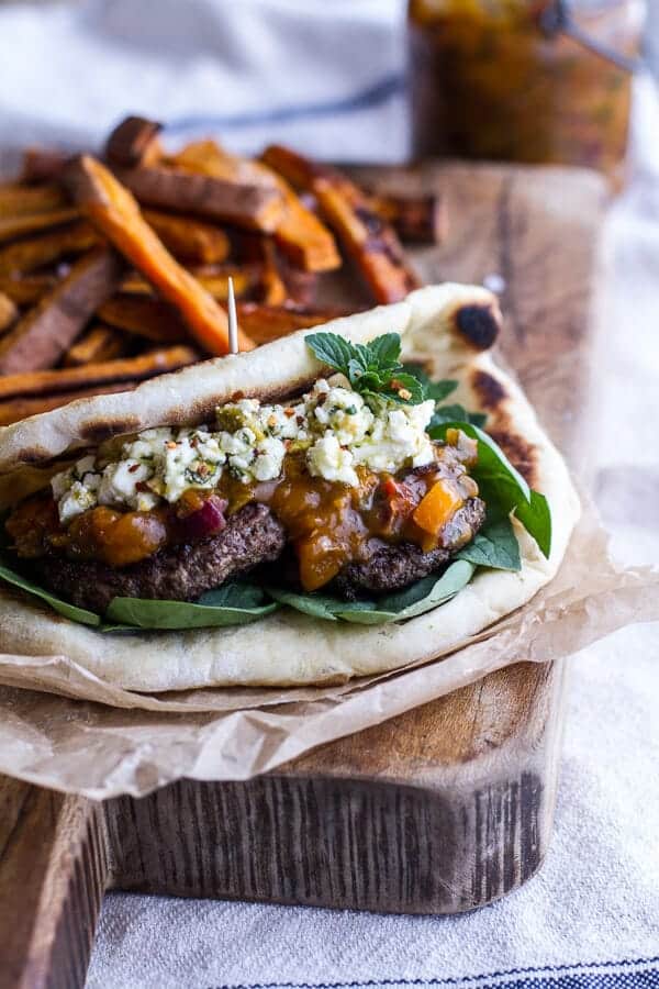 Moroccan Spiced Lamb Burgers with Apricot Chutney + Pistachio Feta Pesto | halfbakedharvest.com