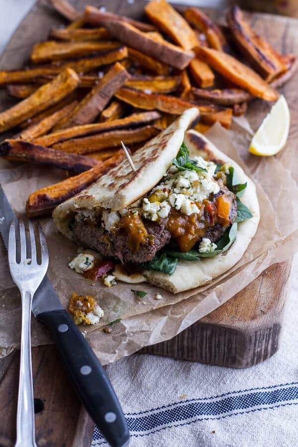 Moroccan Spiced Lamb Burgers with Apricot Chutney + Pistachio Feta Pesto | halfbakedharvest.com