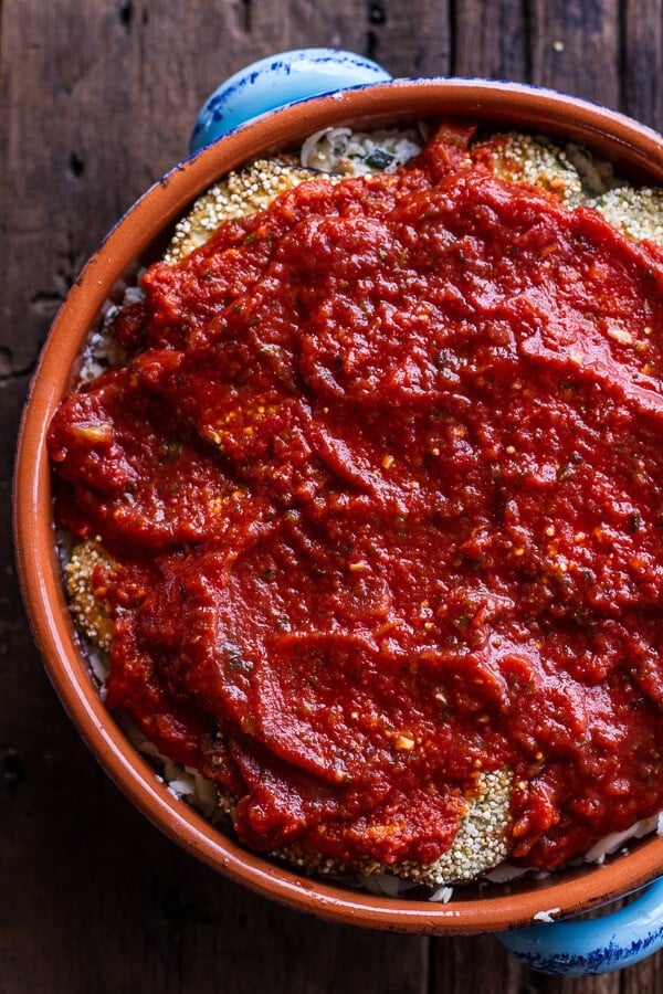 Quinoa Crusted Baked Three-Cheese Zucchini and Eggplant Parmesan | halfbakedharvest.com