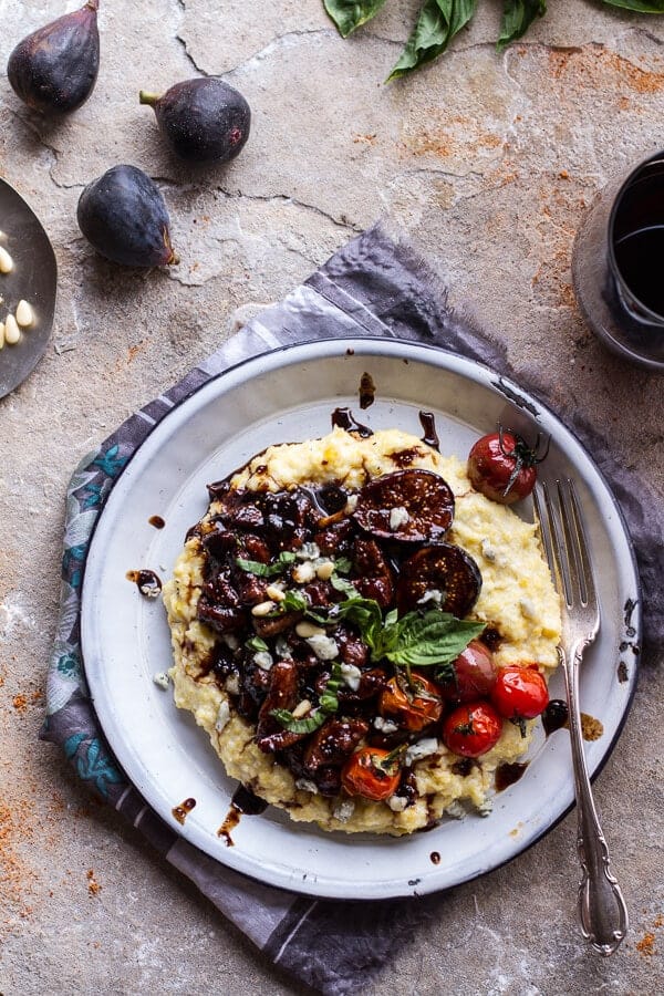 Balsamic Fig Glazed Pork w-Blistered Cherry Tomatoes and Creamy Gorgonzola Polenta | halfbakedharvest.com @hbharvest