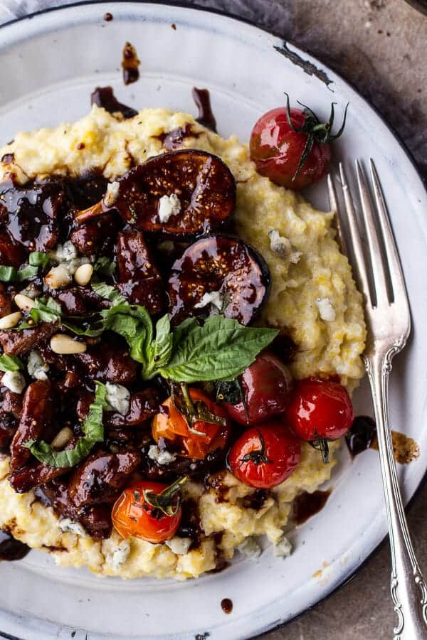 Balsamic Fig Glazed Pork w-Blistered Cherry Tomatoes and Creamy Gorgonzola Polenta | halfbakedharvest.com @hbharvest