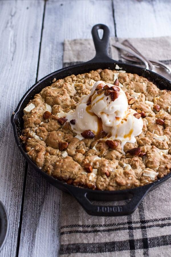 Caramelized Peach + White Chocolate Oatmeal Skillet Cookie Pie | halfbakedharvest.com @hbharvest