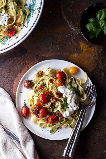 Garlic and Herb Roasted Cherry Tomato Carbonara w-Crispy Prosciutto + Burrata | halfbakedharvest.com @hbharvest