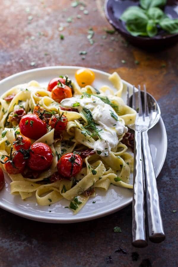 Garlic and Herb Roasted Cherry Tomato Carbonara w-Crispy Prosciutto + Burrata | halfbakedharvest.com @hbharvest