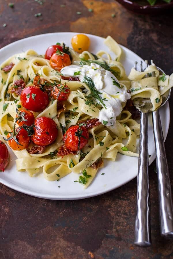 Garlic and Herb Roasted Cherry Tomato Carbonara w-Crispy Prosciutto + Burrata | halfbakedharvest.com @hbharvest
