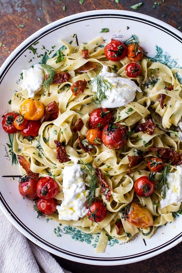 Garlic and Herb Roasted Cherry Tomato Carbonara w-Crispy Prosciutto + Burrata | halfbakedharvest.com @hbharvest