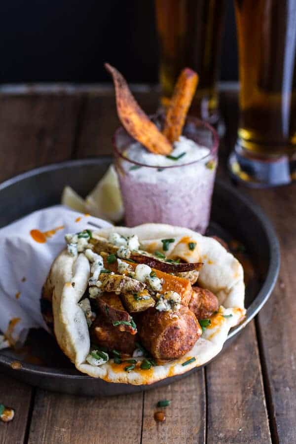 Buffalo Falafel Pitas w-Garlic Blue Cheese Fries + Ranch Style Tzatziki | halfbakedharvest.com @hbharvest