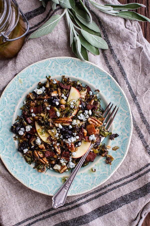 Caramelized Brussels Sprout Salad w/Blue Cheese, Bacon + Caramel Apple Vinaigrette | halfbakedharvest.com @hbharvest