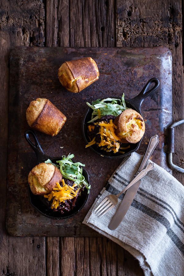 Crockpot BBQ Beer Pulled Chicken with Cheddar Corn Popovers | halfbakedharvest.com @hbharvest