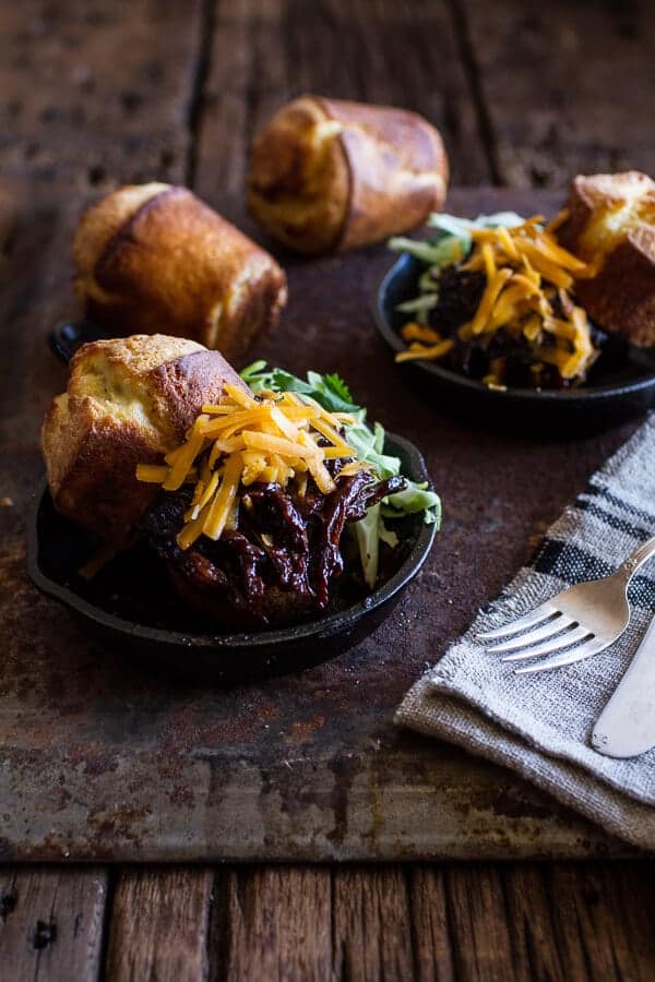 Crockpot BBQ Beer Pulled Chicken with Cheddar Corn Popovers | halfbakedharvest.com @hbharvest