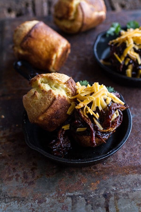 Crockpot BBQ Beer Pulled Chicken with Cheddar Corn Popovers | halfbakedharvest.com @hbharvest
