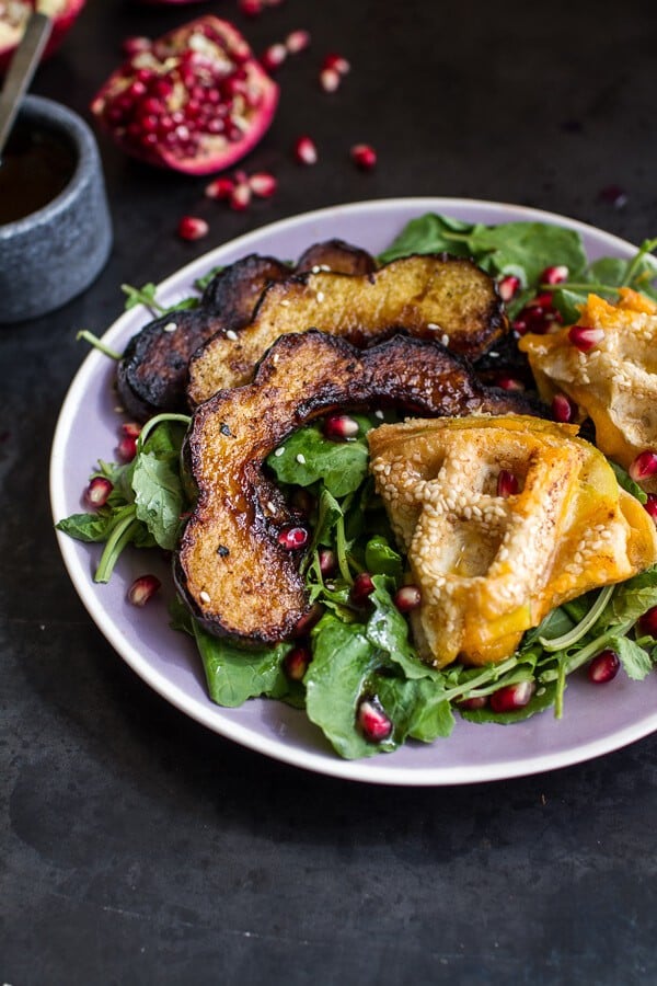 Miso Roasted Acorn Squash + Pomegranate Salad w/Waffled Cheddar Apple Tahini Grilled Cheese Triangles | halfbakedharvest.com @hbharvest