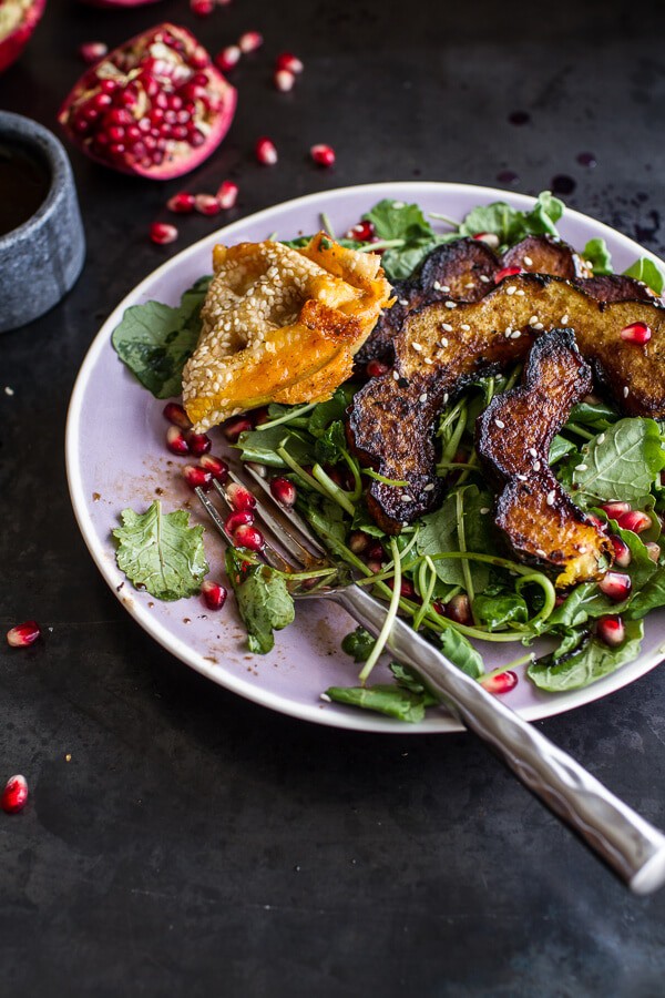 Miso Roasted Acorn Squash + Pomegranate Salad w/Waffled Cheddar Apple Tahini Grilled Cheese Triangles | halfbakedharvest.com @hbharvest