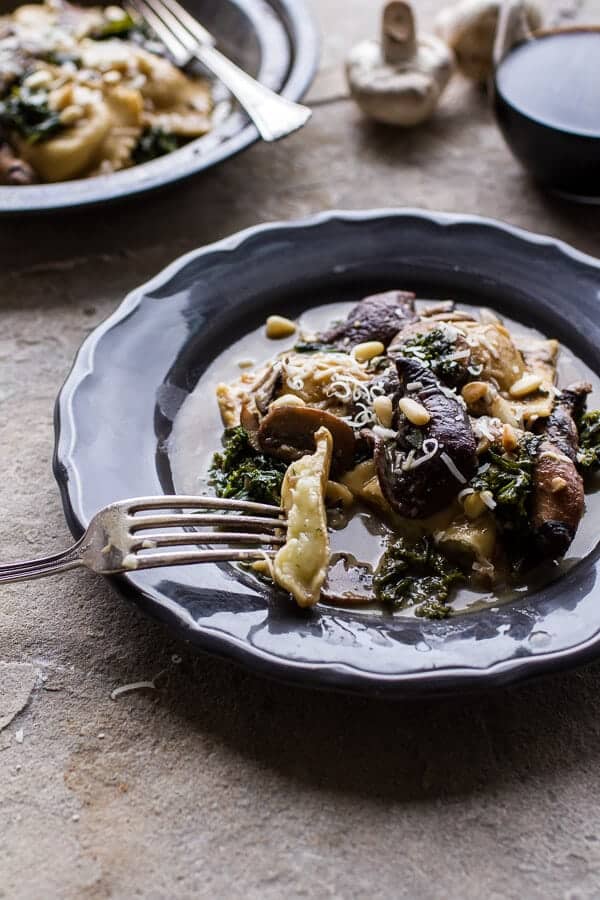 Taleggio Ravioli with Garlicy Butter Kale and Mushroom Sauce + Toasted Pine Nuts | halfbakedharvest.com @hbharvest
