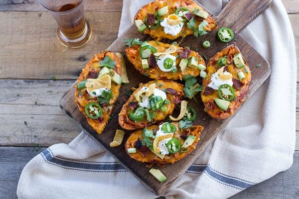 Chicken Chili Con Carne Stuffed Sweet Potato Skins | halfbakedharvest.com @hbharvest