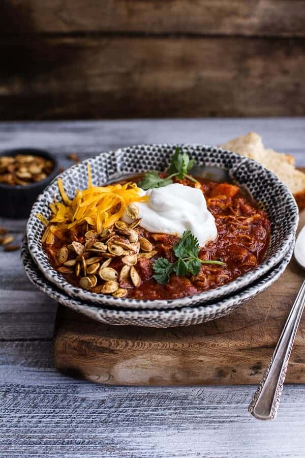 Crockpot Chipotle Pulled Pork Pumpkin Chili w/Cinnamon Roasted Pumpkin Seeds | halfbakedharvest.com @hbharvest