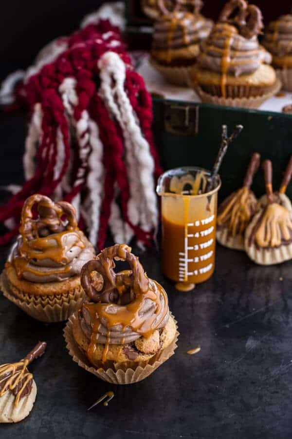 Death By Butterbeer Cupcakes w/Treacle Butter Frosting + Chocolate Covered Pretzels | halfbakedharvest.com @hbharvest