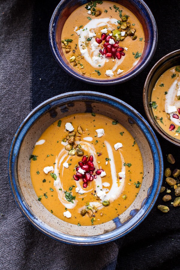Moroccan Butternut Squash and Goat Cheese Soup w/Coconut Ginger Cream + Pistachios | halfbakedharvest.com @hbharvest