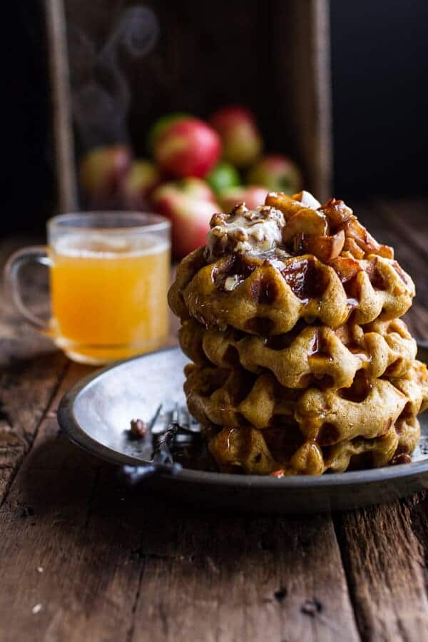 Overnight Cider Pumpkin Waffles w/Toasted Pecan Butter, Cider Syrup + Spiced Apples | halfbakedharvest.com @hbharvest