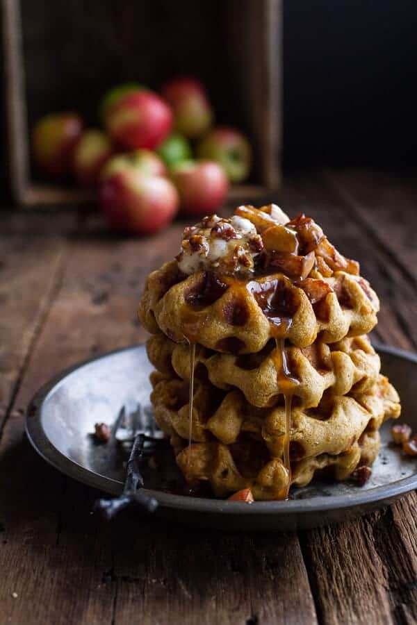 Overnight Cider Pumpkin Waffles w/Toasted Pecan Butter, Cider Syrup + Spiced Apples | halfbakedharvest.com @hbharvest