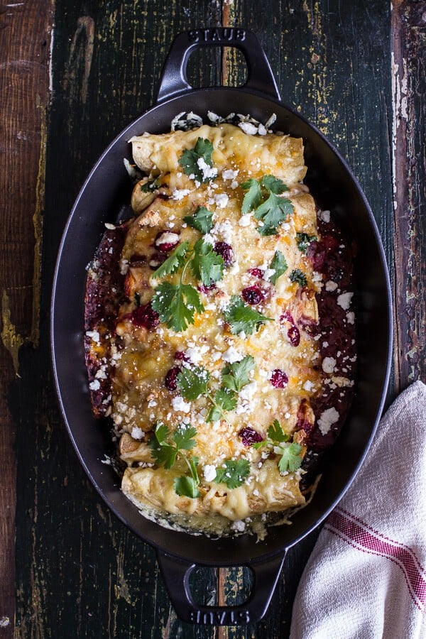 Roasted Chicken + Smoked Gouda Enchiladas w/Fire Roasted Tomatillo Cranberry Sauce | halfbakedharvest.com @hbharvest
