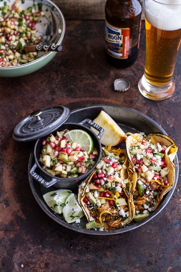 Spicy Cider Beer Braised Chicken Enchilada Tacos w-Sweet Chili Apple-Pomegranate Salsa | halfbakedharvest.com @hbharvest