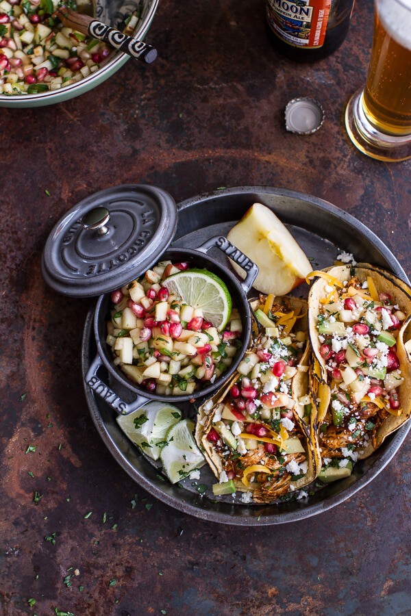 Spicy Cider Beer Braised Chicken Enchilada Tacos w-Sweet Chili Apple-Pomegranate Salsa | halfbakedharvest.com @hbharvest