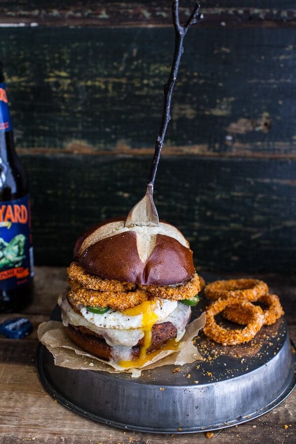 Sweet Potato Black Bean Chili Burgers w/Baked Cheddar Beer Onion Rings + Fried Egg | halfbakedharvest.com @hbharvest