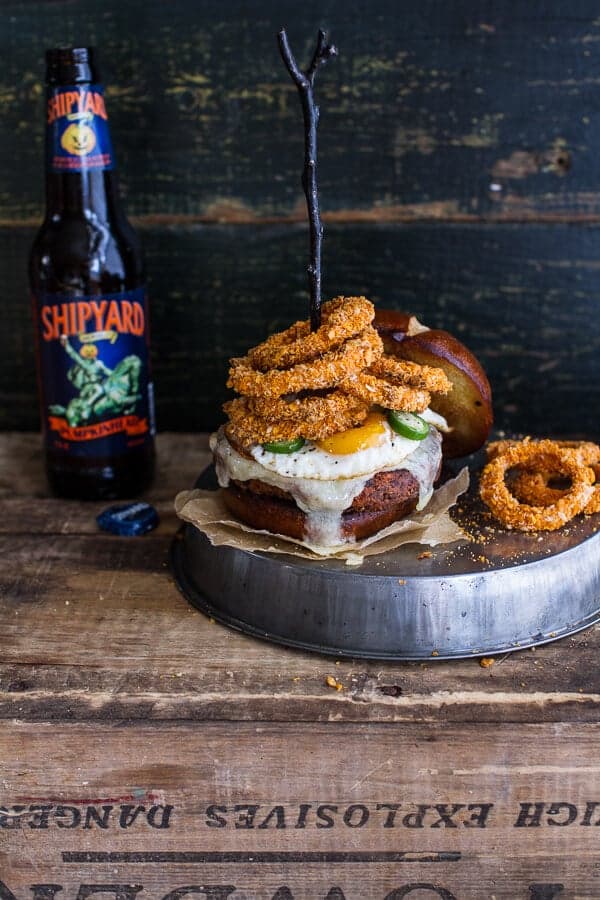 Sweet Potato Black Bean Chili Burgers w/Baked Cheddar Beer Onion Rings + Fried Egg | halfbakedharvest.com @hbharvest