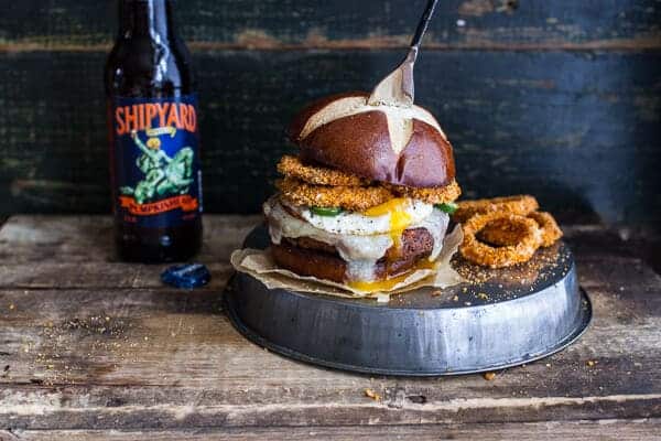 Sweet Potato Black Bean Chili Burgers w/Baked Cheddar Beer Onion Rings + Fried Egg | halfbakedharvest.com @hbharvest