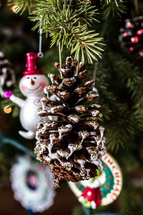 Homemade Holidays- Snowy, Sparkly Pine Cone Ornaments | halfbakedharvest.com @hbharvest
