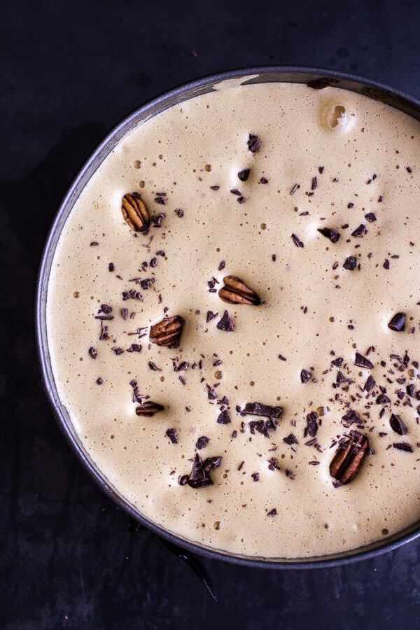 Incredibly Gooey Collapsing Chocolate Bourbon Pecan Pie Custard Cake| halfbakedharvest.com @hbharvest