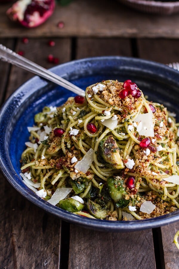 Manchego Brussels Sprout + Prosciutto Spaghetti w/Brown Butter Pistachio Pangrattato | halfbakedharvest.com @hbharvest