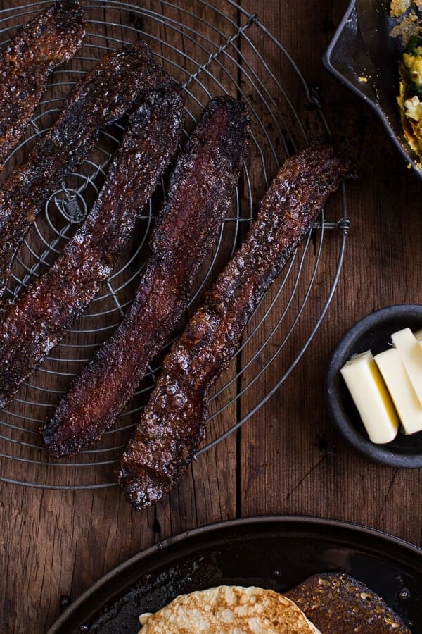 Breakfast for Dinner w/Buttermilk Ricotta Pancakes with Maple Candied Bacon + Eggs | halfbakedharvest.com @hbharvest