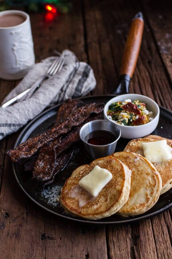Breakfast for Dinner w/Buttermilk Ricotta Pancakes with Maple Candied Bacon + Eggs | halfbakedharvest.com @hbharvest