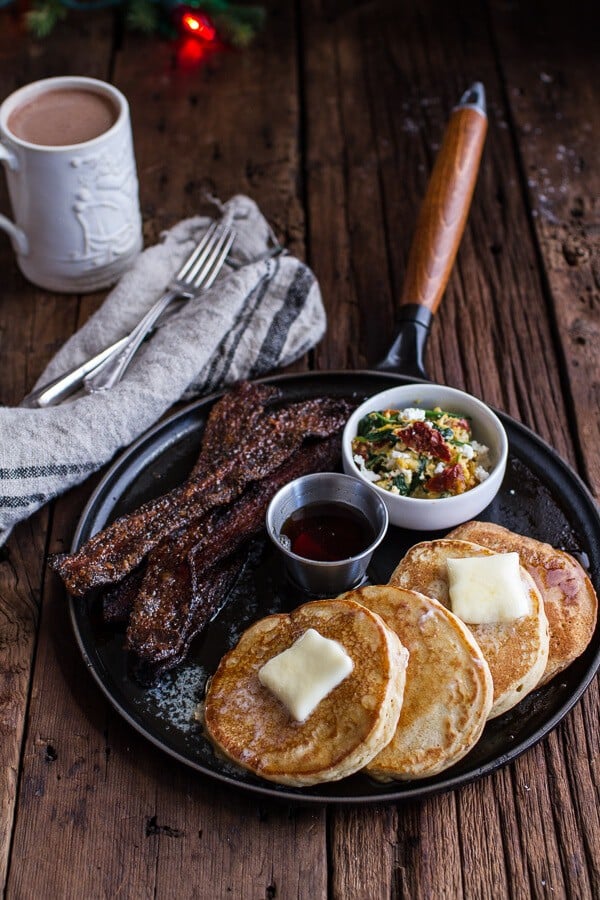 Breakfast for Dinner w/Buttermilk Ricotta Pancakes with Maple Candied Bacon + Eggs | halfbakedharvest.com @hbharvest