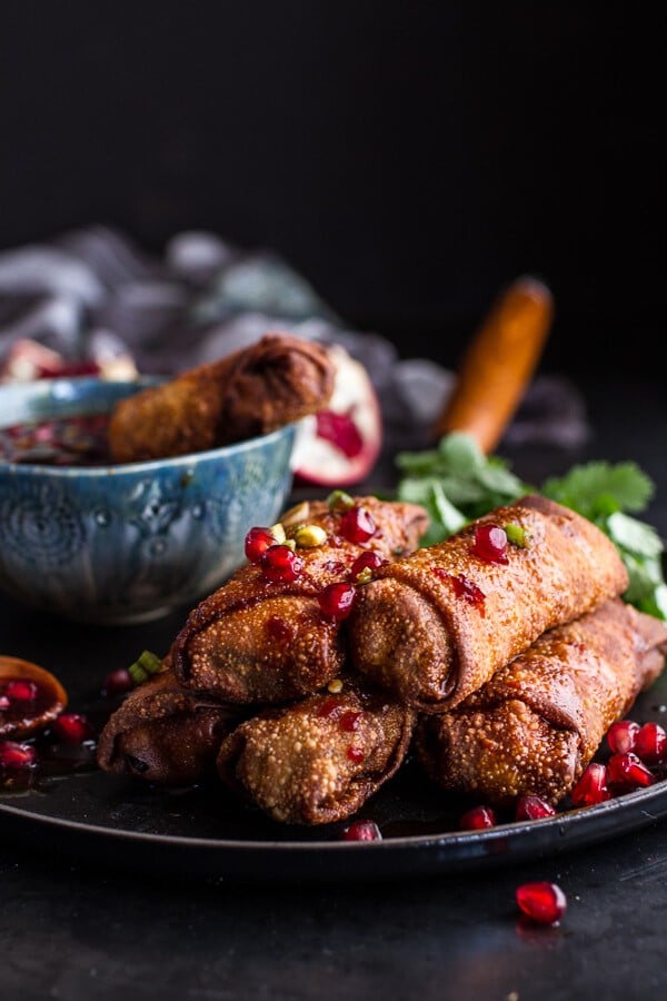 Chinese Chicken and Brussels Sprouts Egg Rolls with Sweet Chile Pomegranate Sauce | halfbakedharvest.com @hbharvest