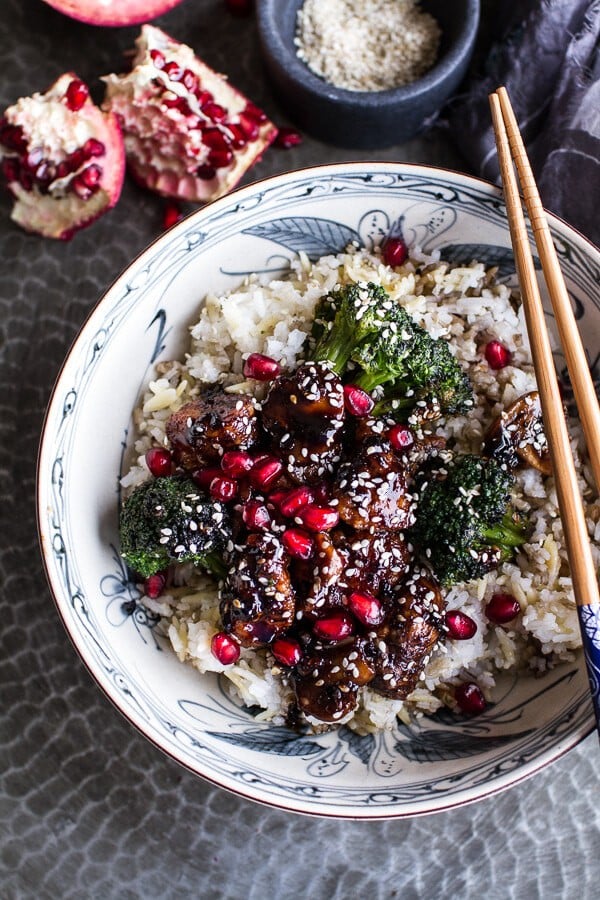 Pomegranate Sesame Chicken with Ginger Rice Pilaf | halfbakedharvest.com @hbharvest