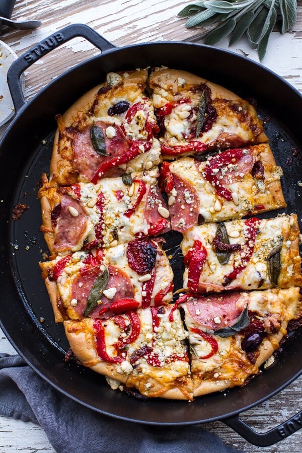 Sun-Dried Tomato and Olive Pesto Pizza with Salami + Roasted Red Peppers | halfbakedharvest.com @hbharvest